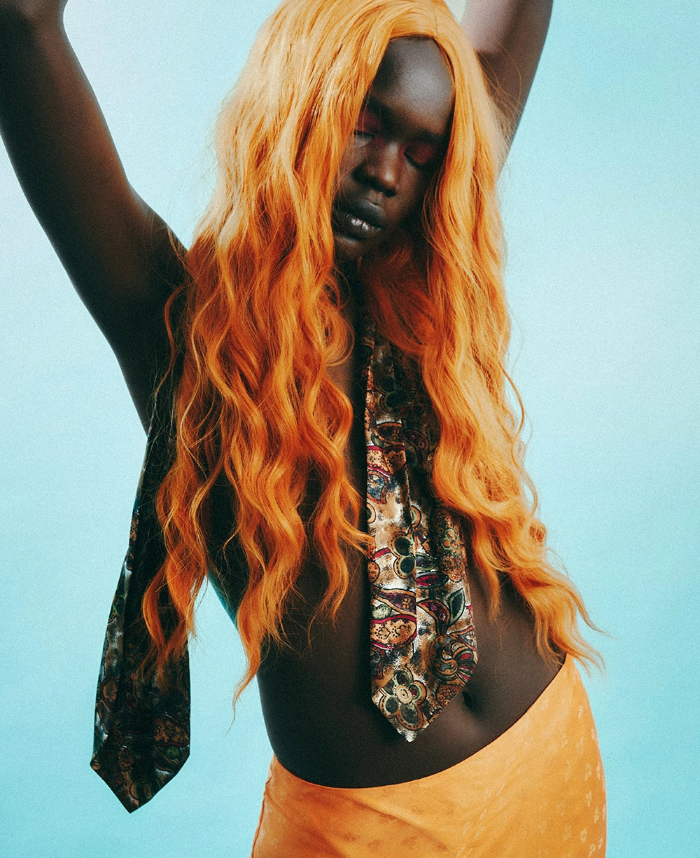 AI Preset Lab Kodak Funsaver Disposable Camera Film Lightroom preset applied to fashion portrait with orange hair.