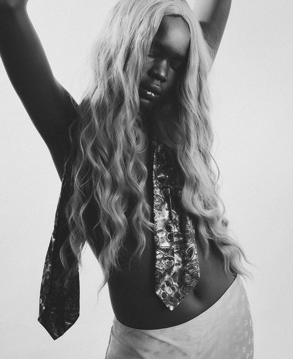 AI Preset Lab Ilford HP5 Plus B&W Disposable Camera Film Lightroom preset applied to fashion portrait with orange hair.