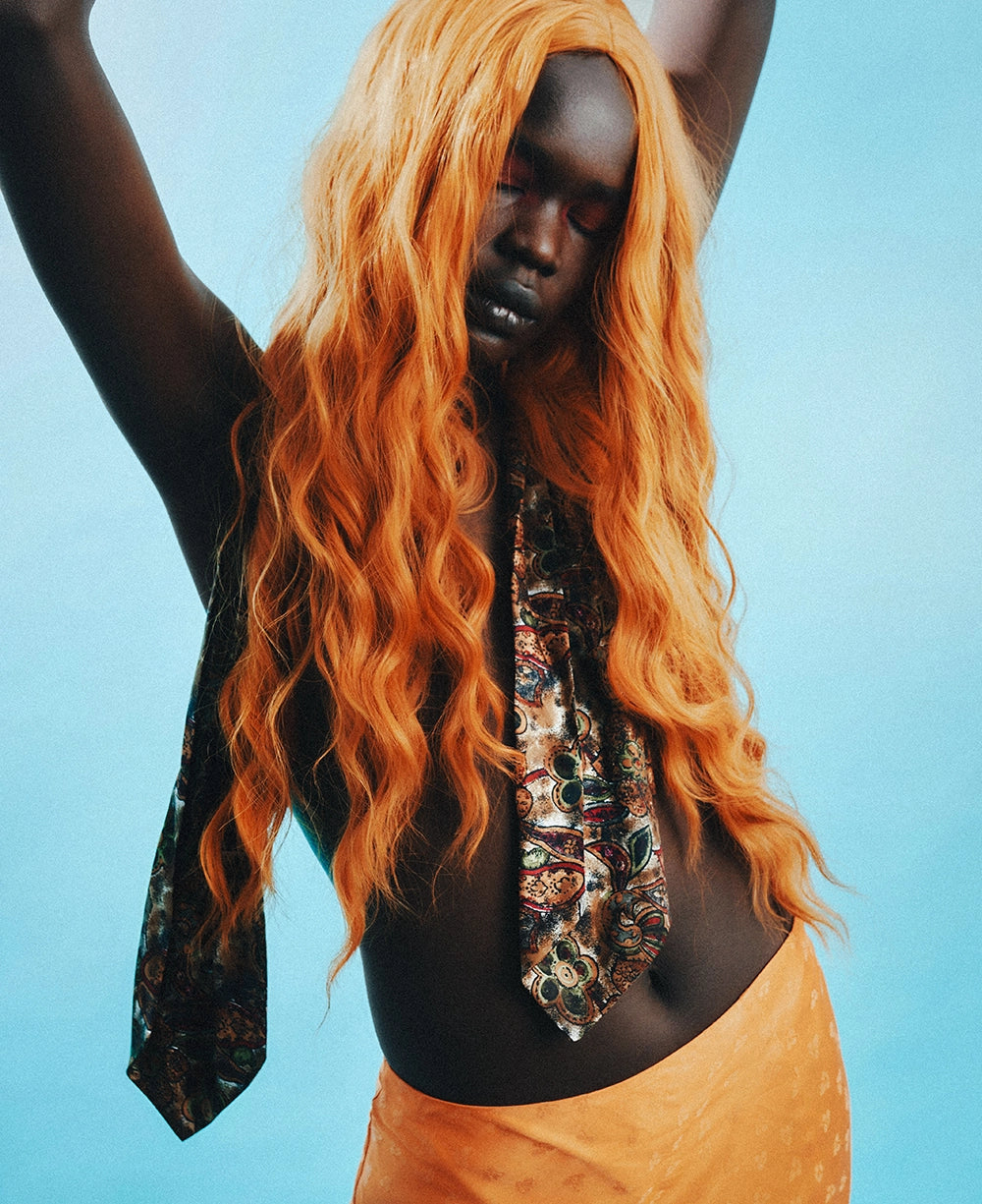 AI Preset Lab Kodak Power Flash Disposable Camera Film Lightroom preset applied to fashion portrait with orange hair.