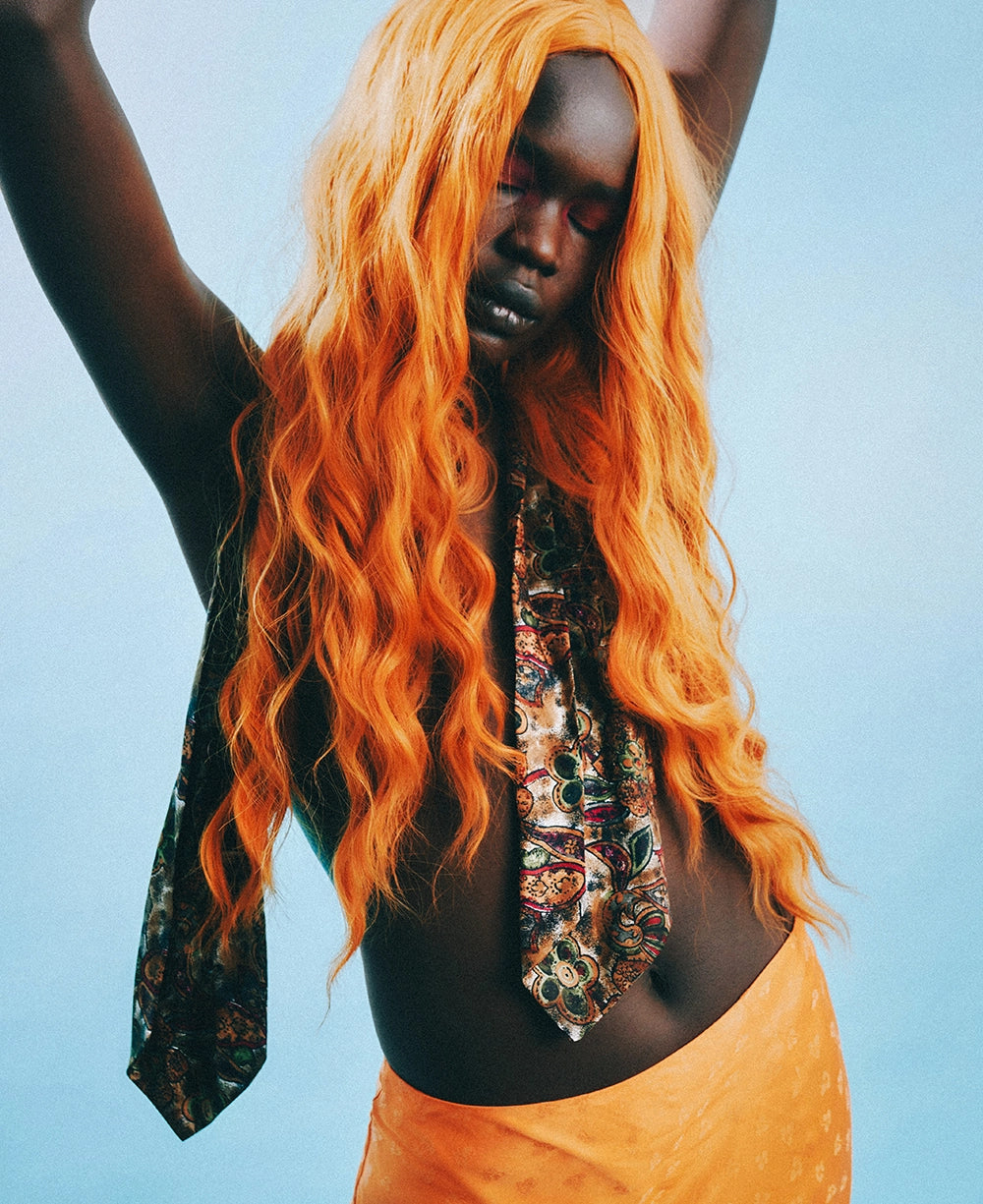 AI Preset Lab Fujifilm Natura Single Use Disposable Camera Film Lightroom preset applied to fashion portrait with orange hair.