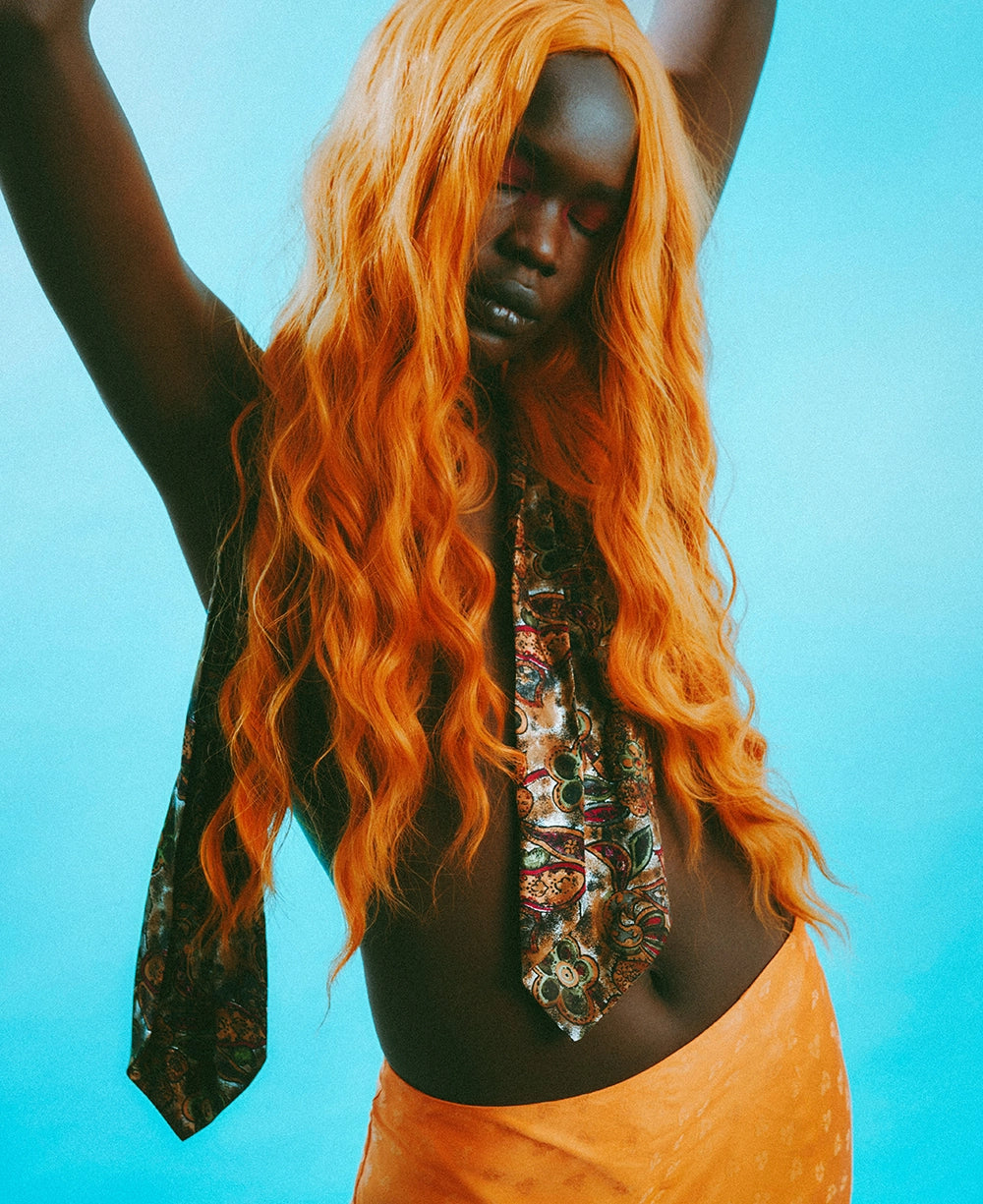 AI Preset Lab Lomography 400 Disposable Camera Film Lightroom preset applied to fashion portrait with orange hair.