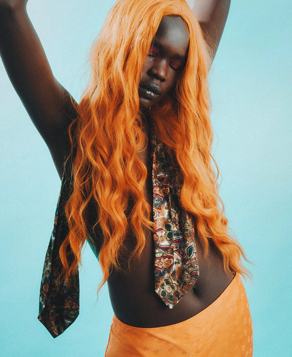 AI Preset Lab AgfaPhoto Le Box Disposable Camera Film Lightroom preset applied to fashion portrait with orange hair.