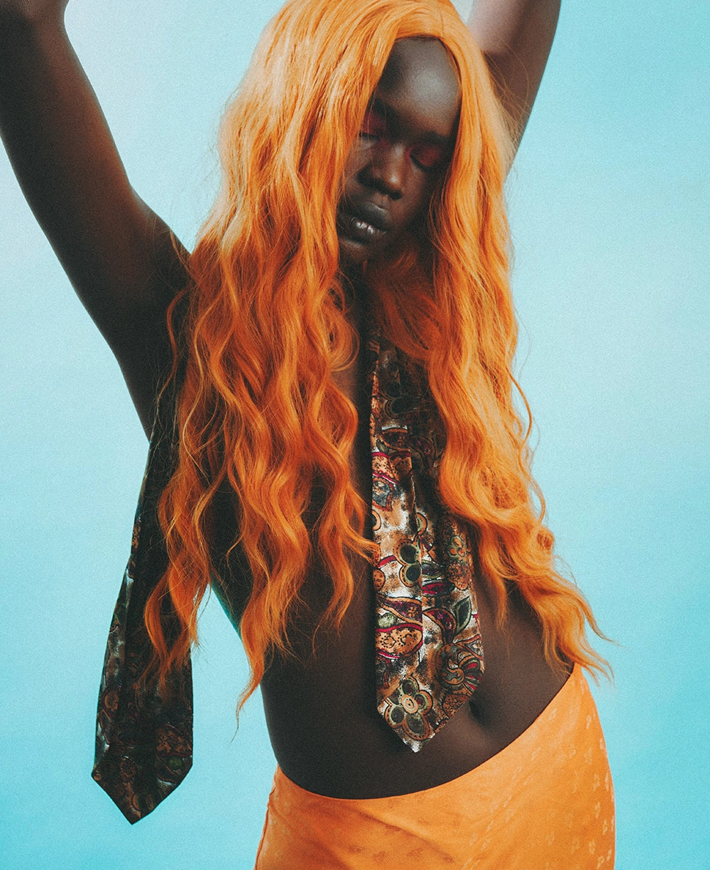 AI Preset Lab LomoChrome Metropolis Disposable Camera Film Lightroom preset applied to fashion portrait with orange hair.