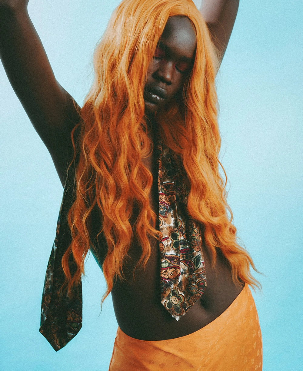 AI Preset Lab Konica WaiWai Disposable Camera Film Lightroom preset applied to fashion portrait with orange hair.