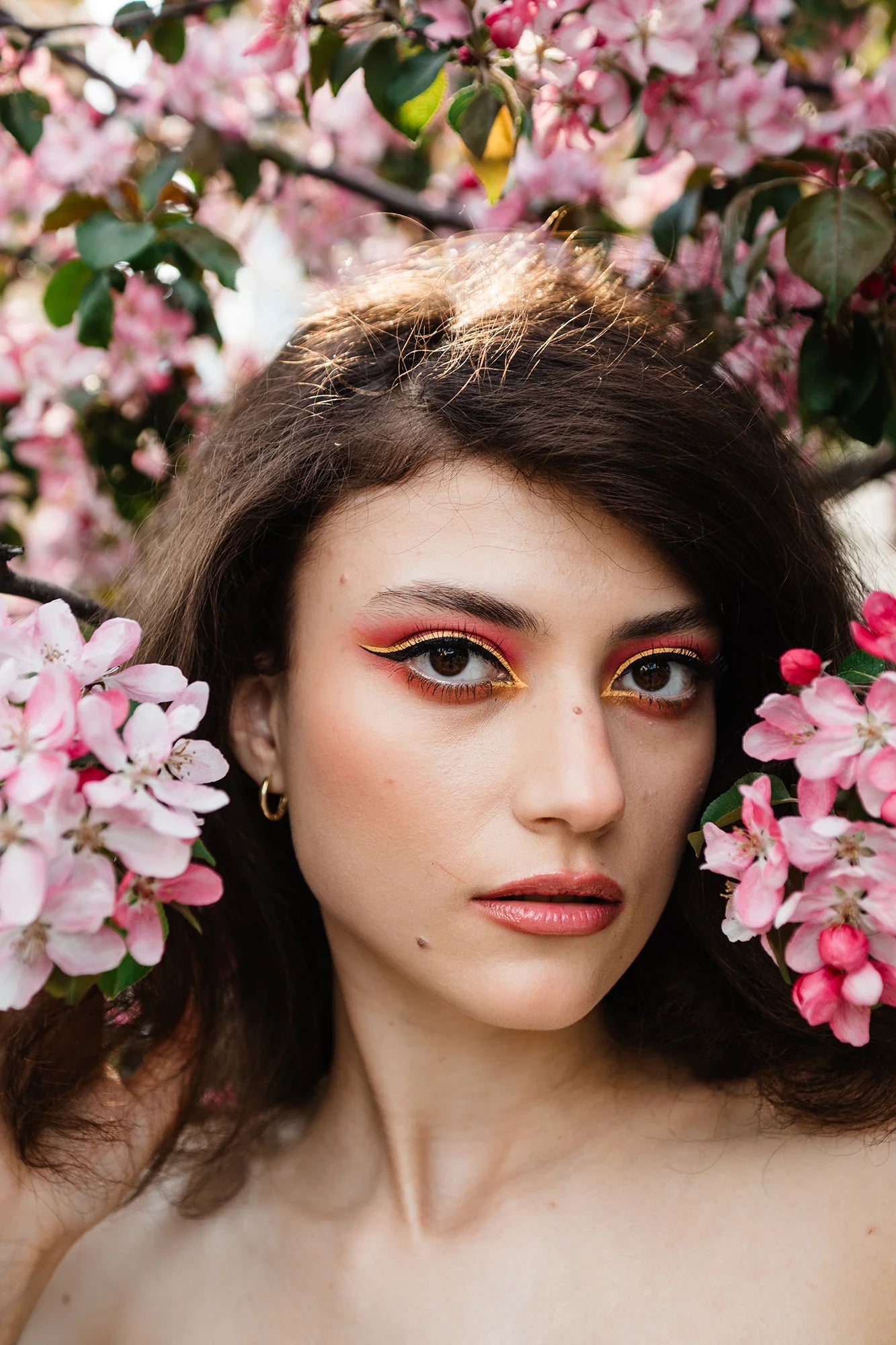 AI Preset Lab Magic AI Kodak ColorPlus 200 Lightroom Film Preset applied to a fashion portrait of a model surrounded by flowers.